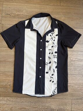 Black & White Music-Note Paneled Short Sleeve Button-Up Bowling Style Shirt